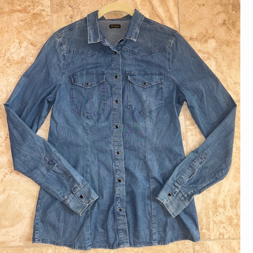 True Religion Light Blue Denim Western Button-Down Shirt